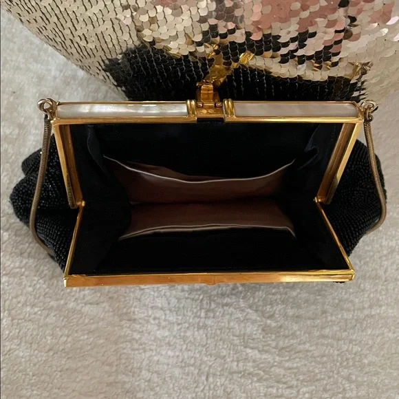 Vtg. Micro Beaded Elegant Black Evening Clutch Purse Mother of Pearl - Picture 6 of 11